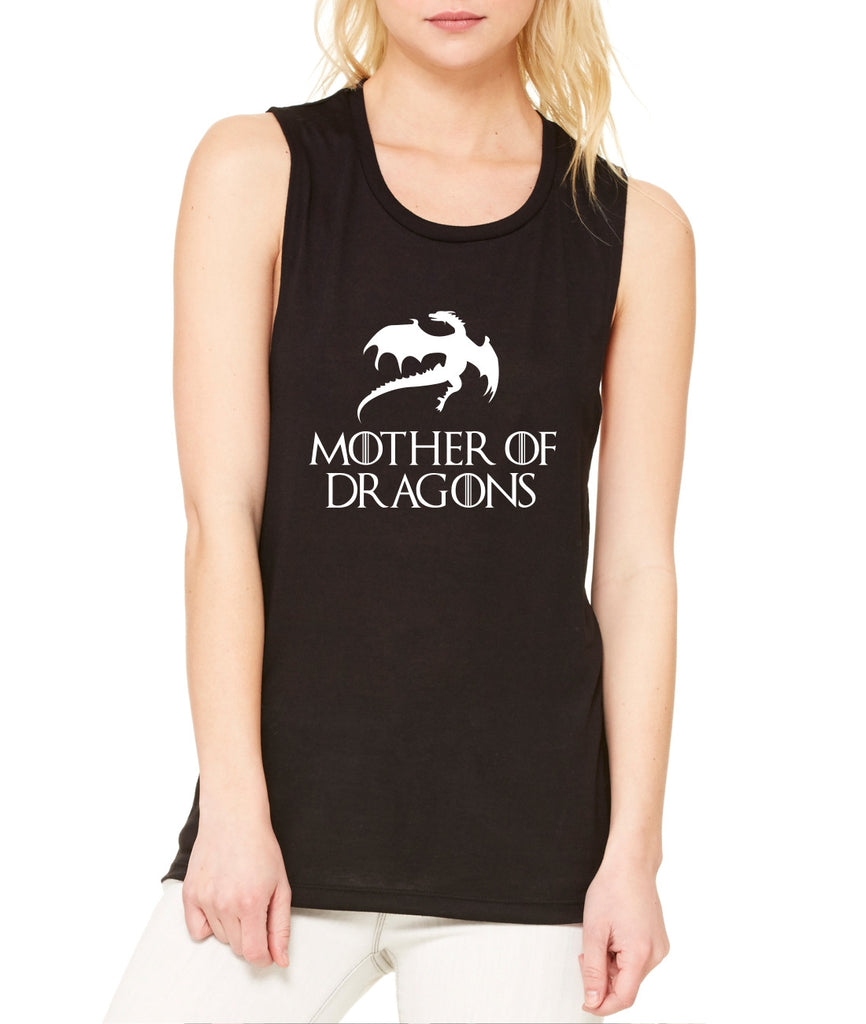 Women's Flowy Muscle Top Mother Of Dragons White Print - ALLNTRENDSHOP