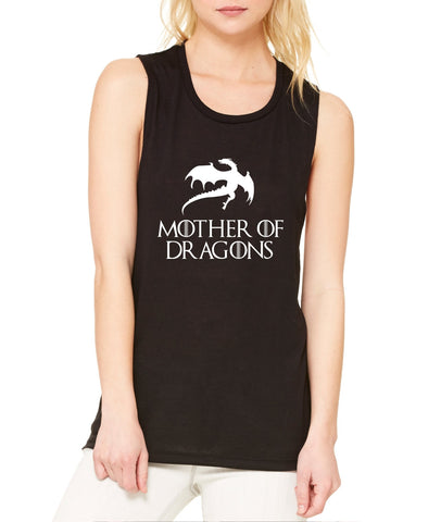 Women's Flowy Muscle Top Mother Of Dragons White Print - ALLNTRENDSHOP