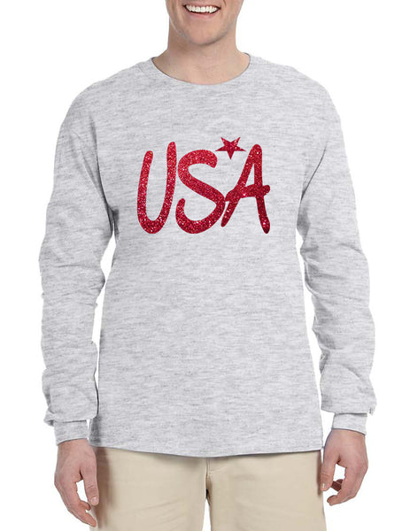Men's Long Sleeve USA Red Glitter Love America 4th Of July