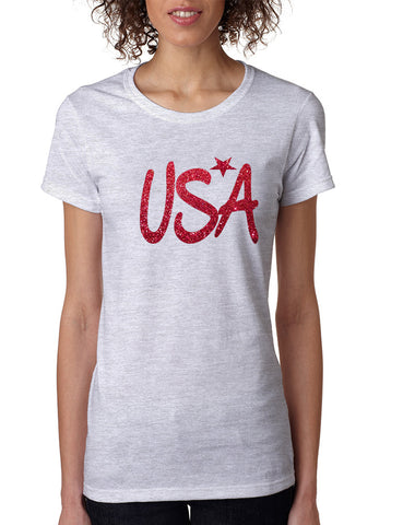 Women's T Shirt USA Red Glitter Love America 4th Of July Tee