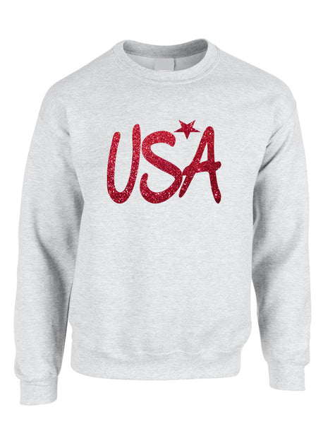 Adult Sweatshirt USA Red Glitter Love America 4th Of July Top