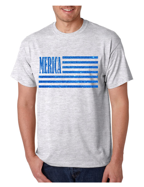 Men's T Shirt Merica Glitter Blue Flag 4th Of July Tee