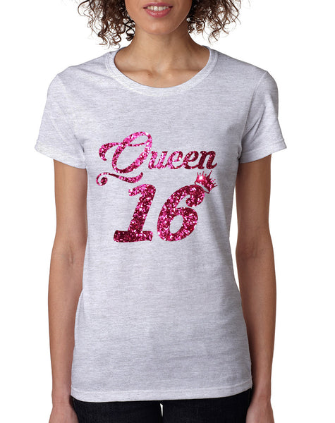 Women's T Shirt Queen 16 Glitter Pink Sweet Sixteen 16th Birthday