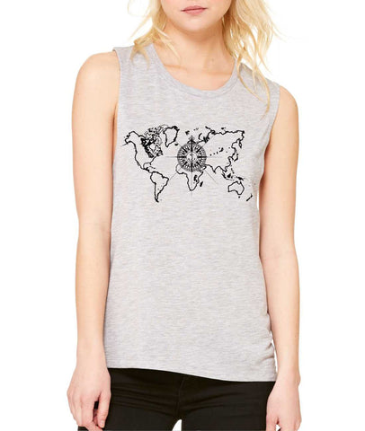 Women's Flowy Muscle Top World Map Compass Cool Tank - ALLNTRENDSHOP - 1