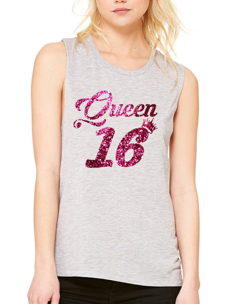 Women's Flowy Muscle Queen 16 Glitter Pink Sweet Sixteen Party