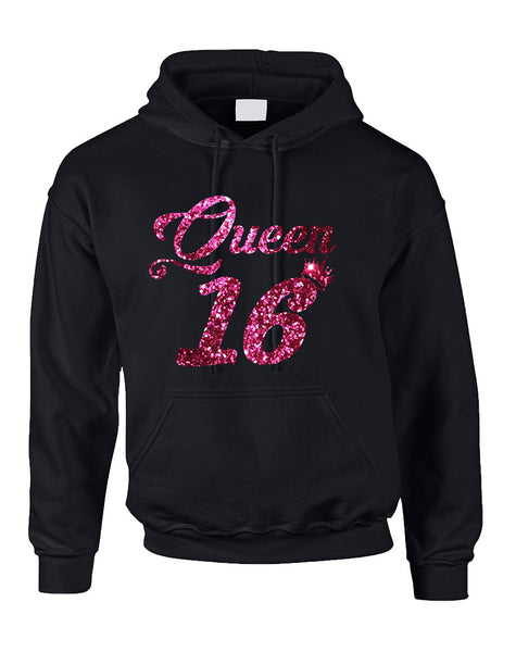 Adult Hoodie Queen 16 Glitter Pink Sweet Sixteen Party Top