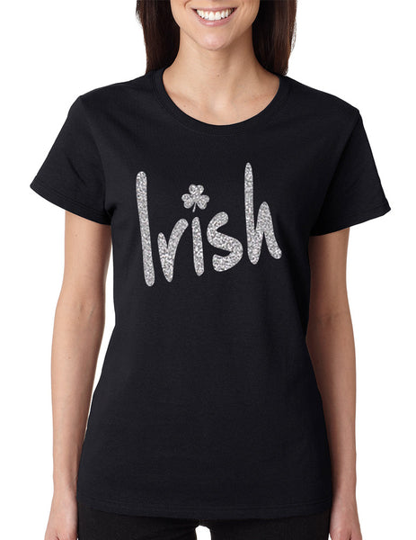Women's T Shirt Irish Glitter Silver Shamrock St Patrick's Tee