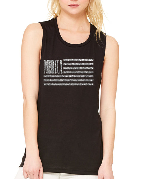 Women's Flowy Muscle Top Merica Glitter Silver Flag USA Top