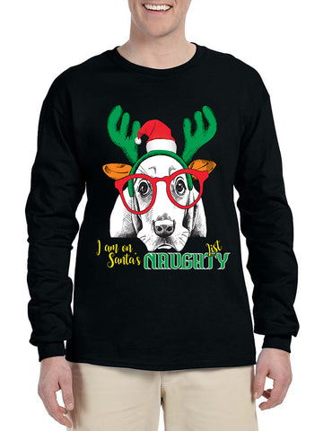 Men's Long Sleeve I Am On Santa's Naughty List Cute Dog Xmas