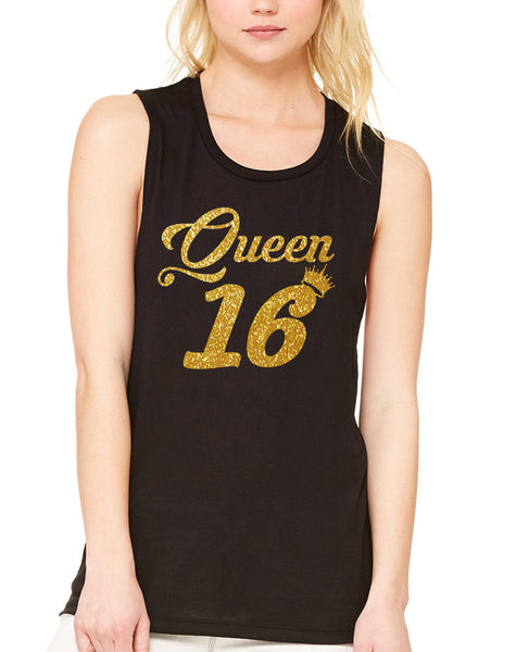 Women's Flowy Muscle Queen 16 Glitter Gold Sweet Sixteen