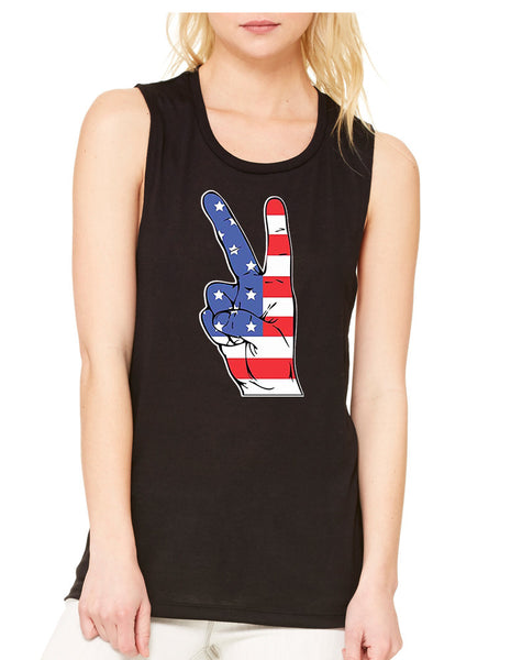 Women's Flowy Muscle Top American Flag Hand 4th Of July