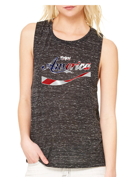 Women's Flowy Muscle Enjoy America 4th Of July USA Top