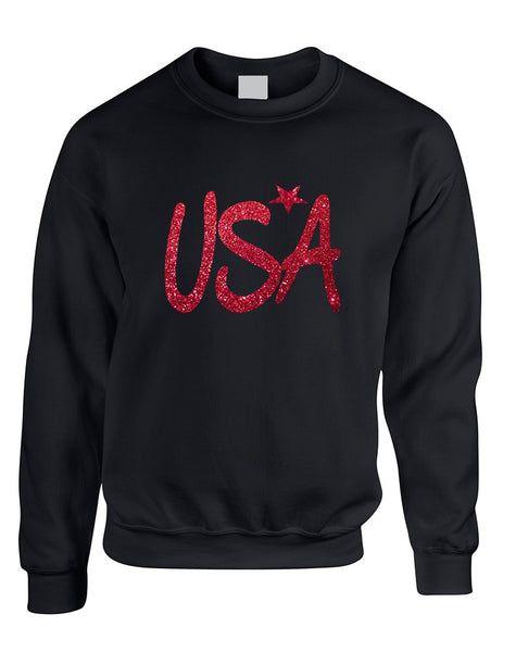 Adult Sweatshirt USA Red Glitter Love America 4th Of July Top