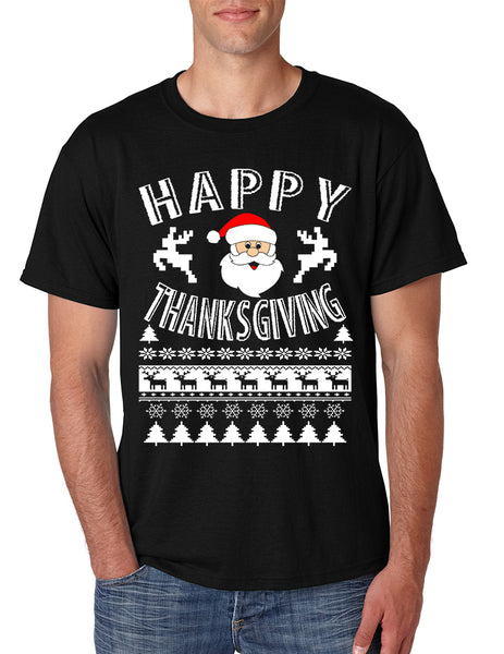 Men's T Shirt Happy Thanksgiving Ugly Santa Holiday Tshirt Gift