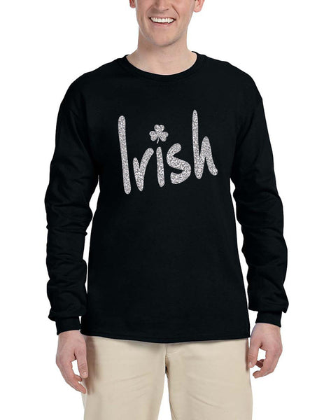Men's Long Sleeve Irish Glitter Silver Shamrock St Patrick's