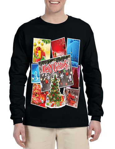 Men's Long Sleeve Merry Christmas Postcards Holiday Graphic Tee
