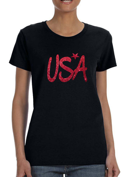 Women's T Shirt USA Red Glitter Love America 4th Of July Tee