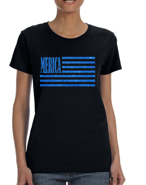 Women's T Shirt Merica Glitter Blue Flag 4th Of July Tee