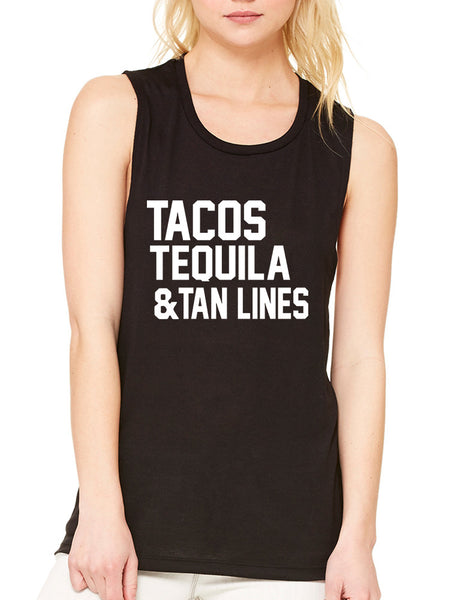 Women's Flowy Muscle Tacos Tequila Tan Lines Beach Top