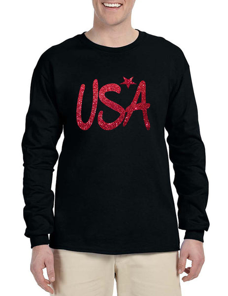 Men's Long Sleeve USA Red Glitter Love America 4th Of July