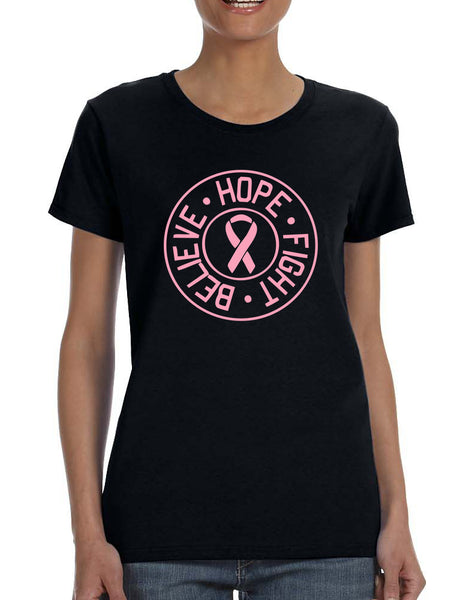 Women's T Shirt Believe Hope Fight Breast Cancer Support Tee