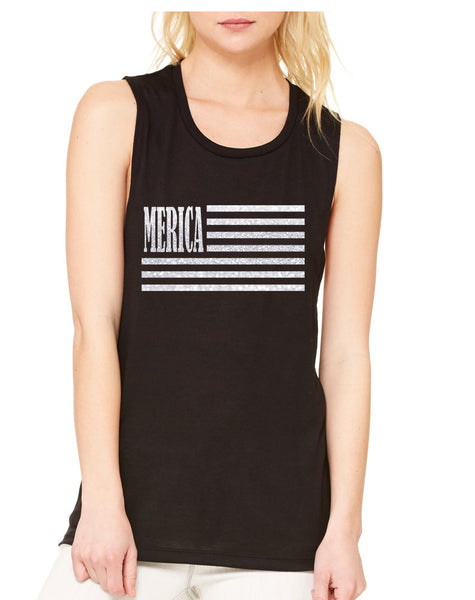 Women's Flowy Muscle Merica Glitter White Flag USA Top