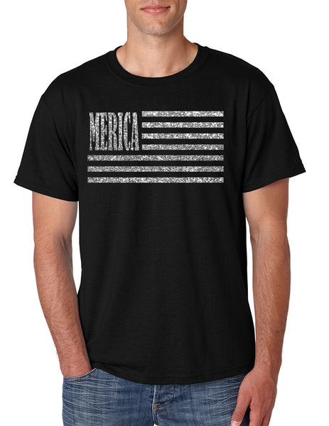 Men's T Shirt Merica Glitter Silver Flag 4th Of July USA Tee