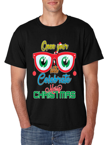 Men's T Shirt Open Your Eyes Lets Celebrate Merry Xmas Trendy Tee