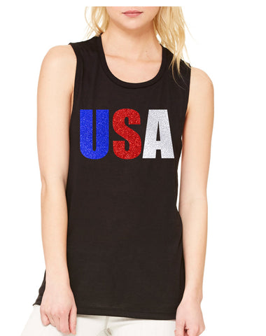 Women's Flowy Muscle USA Glitter Flag Colors 4th Of July Tank