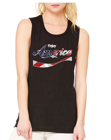 Women's Flowy Muscle Enjoy America 4th Of July USA Top
