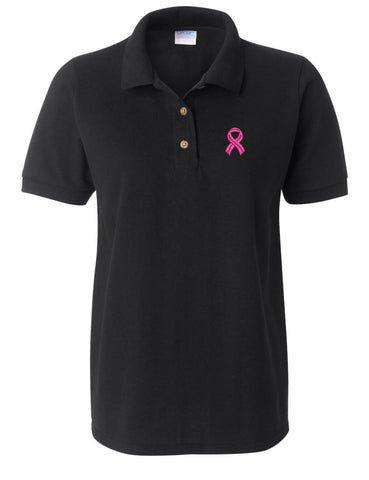 Women's Polo T Shirt Pink Ribbon Breast Cancer Support Embroidered
