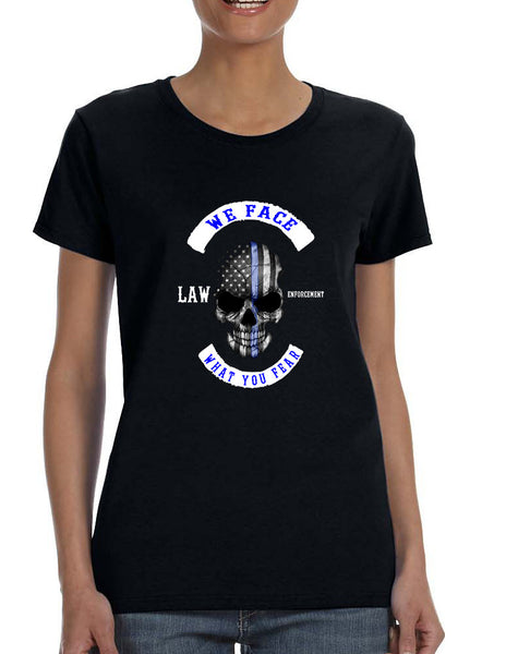 Women's T Shirt We Face What You Fear Amrican Flag Skull