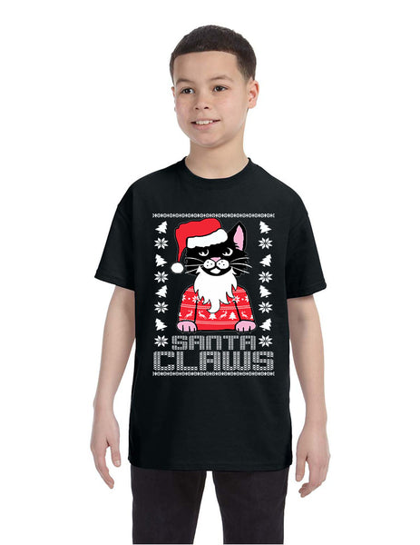 Kids Youth T Shirt Santa Claws Cat Ugly Xmas Cute Holiday Tee
