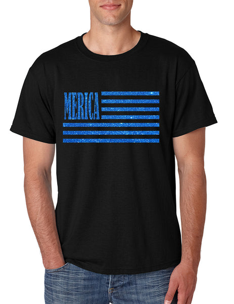 Men's T Shirt Merica Glitter Blue Flag 4th Of July Tee