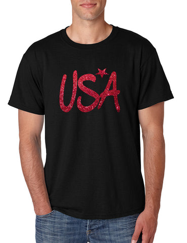 Men's T Shirt USA Red Glitter Love America 4th Of July Shirt