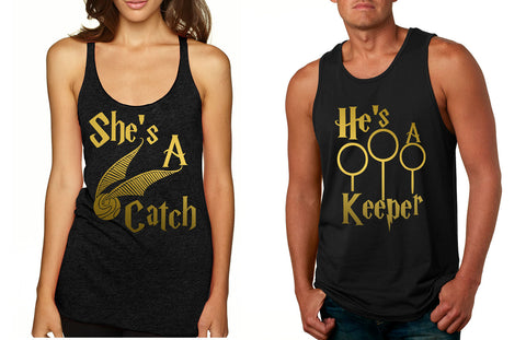 Couple Tank Top She's A Catch He's A Keeper Love Gift - ALLNTRENDSHOP - 1