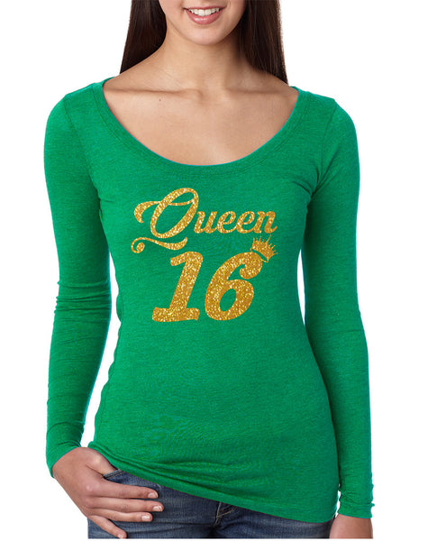 Women's Shirt Queen 16 Glitter Gold 16th Sweet Sixteen Party
