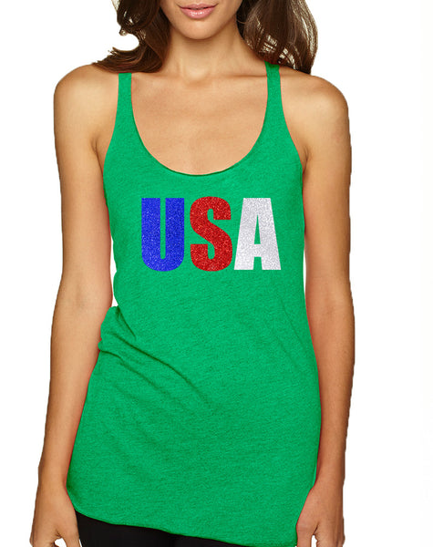 Women's Tank Top USA Glitter Flag Colors 4th Of July Tank