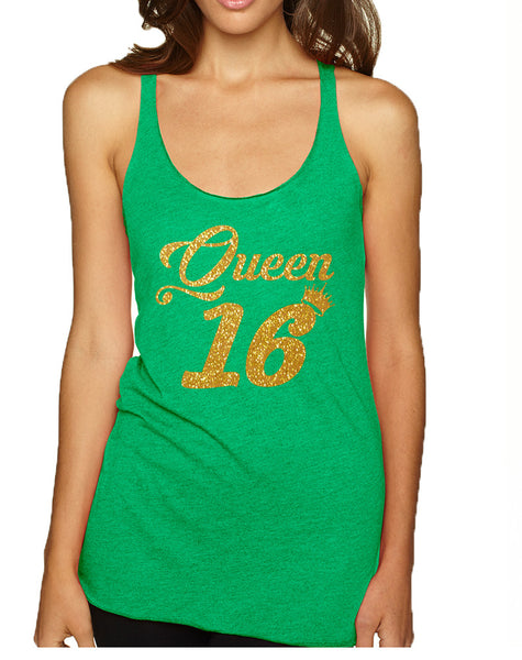 Women's Tank Top Queen 16 Glitter Gold Sweet Sixteen Bday
