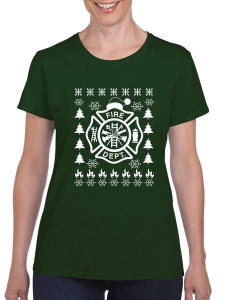 Women's T Shirt Fire Dept Ugly Xmas Firefighter Christmas Holiday Tee