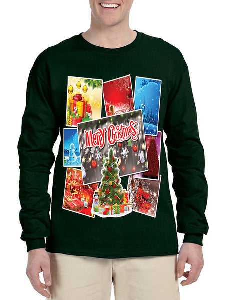 Men's Long Sleeve Merry Christmas Postcards Holiday Graphic Tee