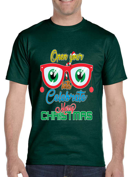 Men's T Shirt Open Your Eyes Lets Celebrate Merry Xmas Trendy Tee