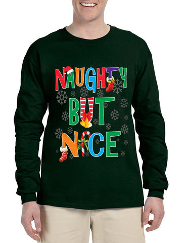 Men's Long Sleeve Naughty But Nice Cute Xmas Shirt Humor Gift