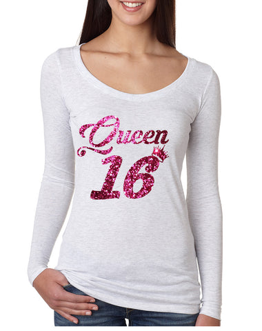 Women's Shirt Queen 16 Glitter Pink Sweet Sixteen 16th Birthday