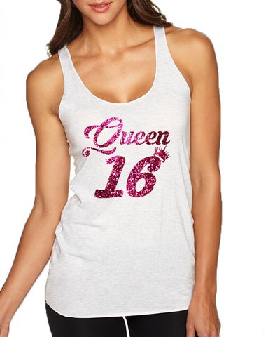 Women's Tank Top Queen 16 Glitter Pink Sweet Sixteen Party Top