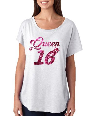 Women's Dolman Queen 16 Glitter Pink Sweet Sixteen Party Shirt
