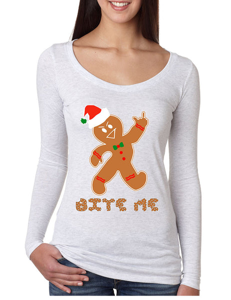 Women's Shirt Bite Me Gingerbread Ugly Christmas Gift Funny Top - ALLNTRENDSHOP - 3