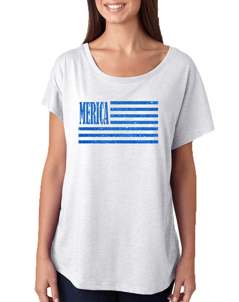 Women's Dolman Merica Glitter Blue Flag 4th Of July Top