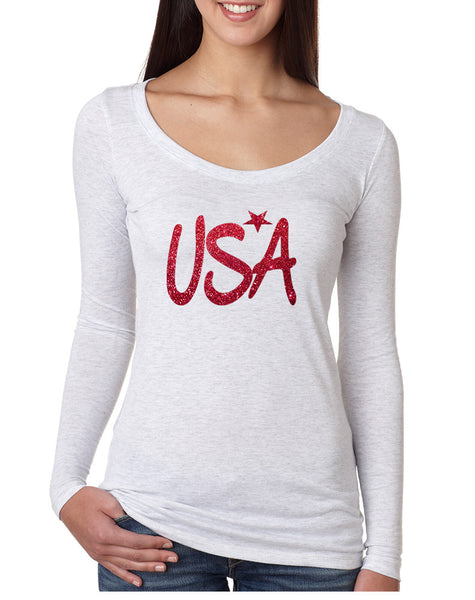 Women's Shirt USA Red Glitter Love America 4th Of July Shirt