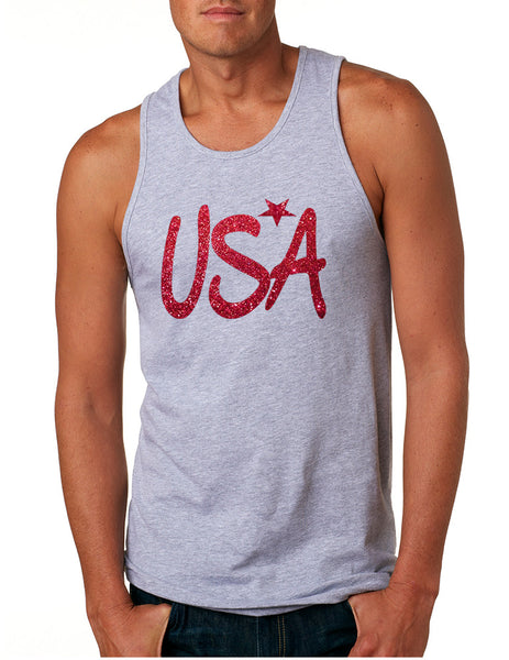 Men's Tank Top USA Red Glitter Love America 4th Of July Top